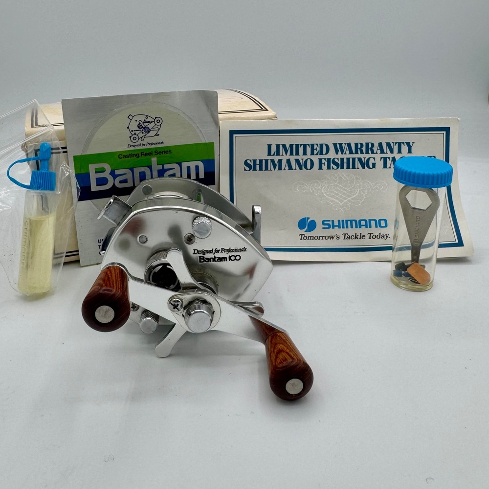 Shimano Bantam 100 Baitcasting Reel Vintage Silver Wooden Handle Japan Decal